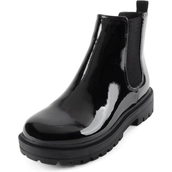 Women Black Patent Lug Sole Low Chunky Heel Chelsea Double Elastic Ankle Booties - Picture 2 of 5